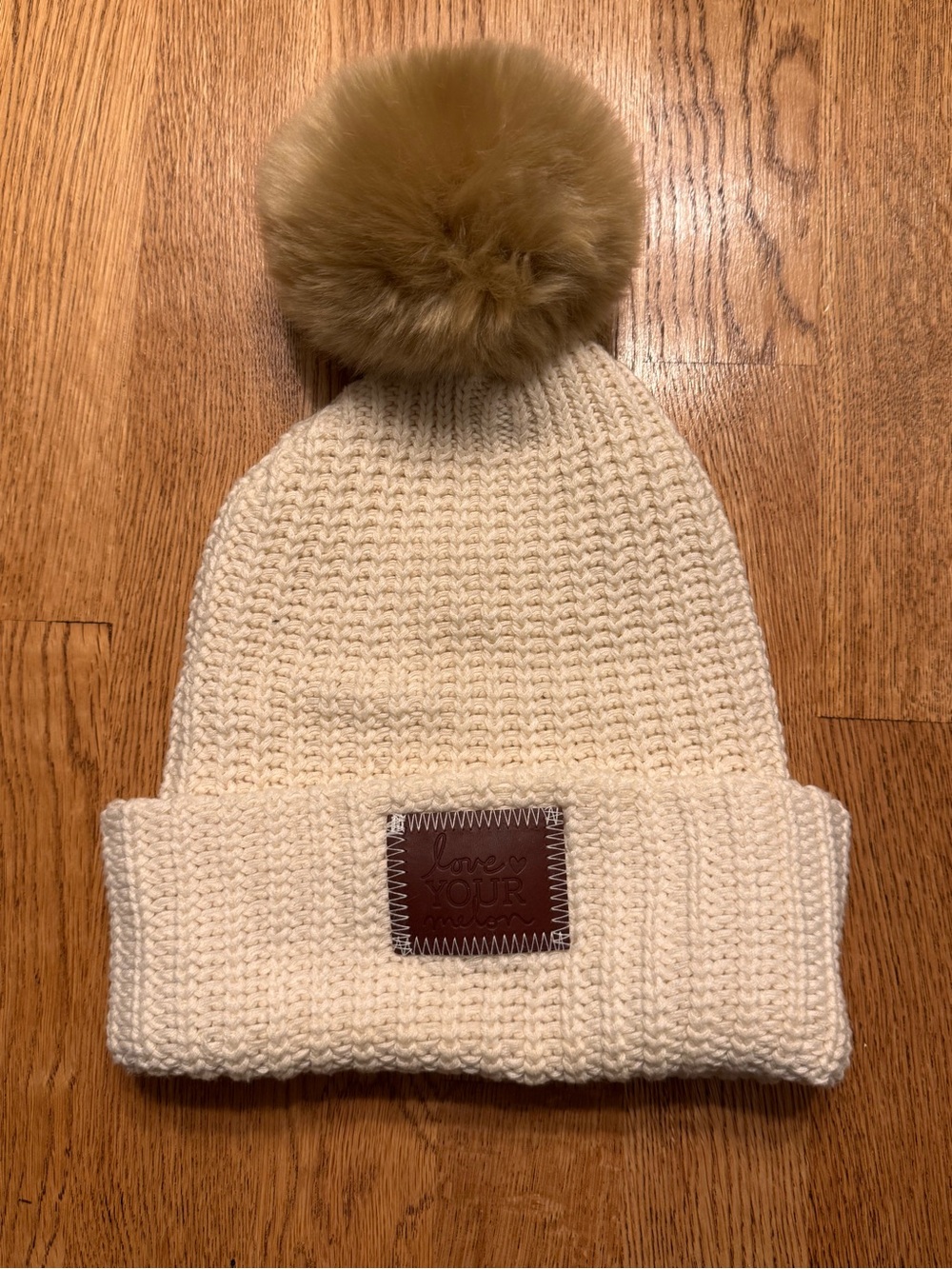 Love Your Melon Cream Knit Beanie Hat Detachable Faux Fur Pom Pom